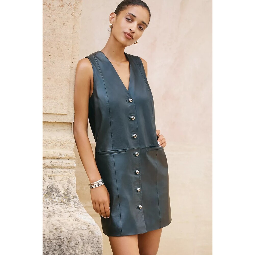 NWT Anthropologie Leather Buttondown Mini Dress XXSP $298 Black Sheath 2XS